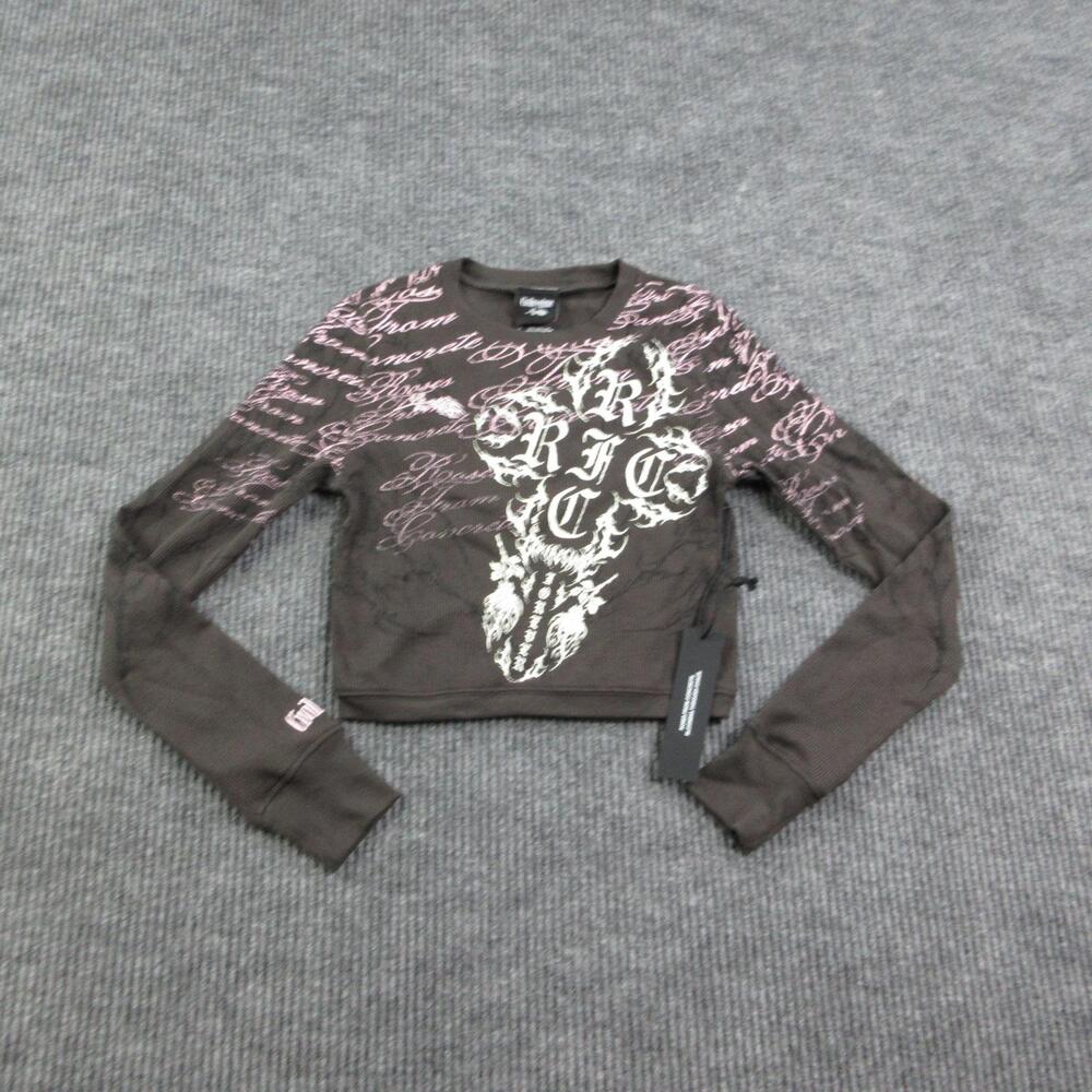 Civil Regime Shirt Womens XS Brown Cropped Long Sleeve Crew Neck Graphic Tee NWT